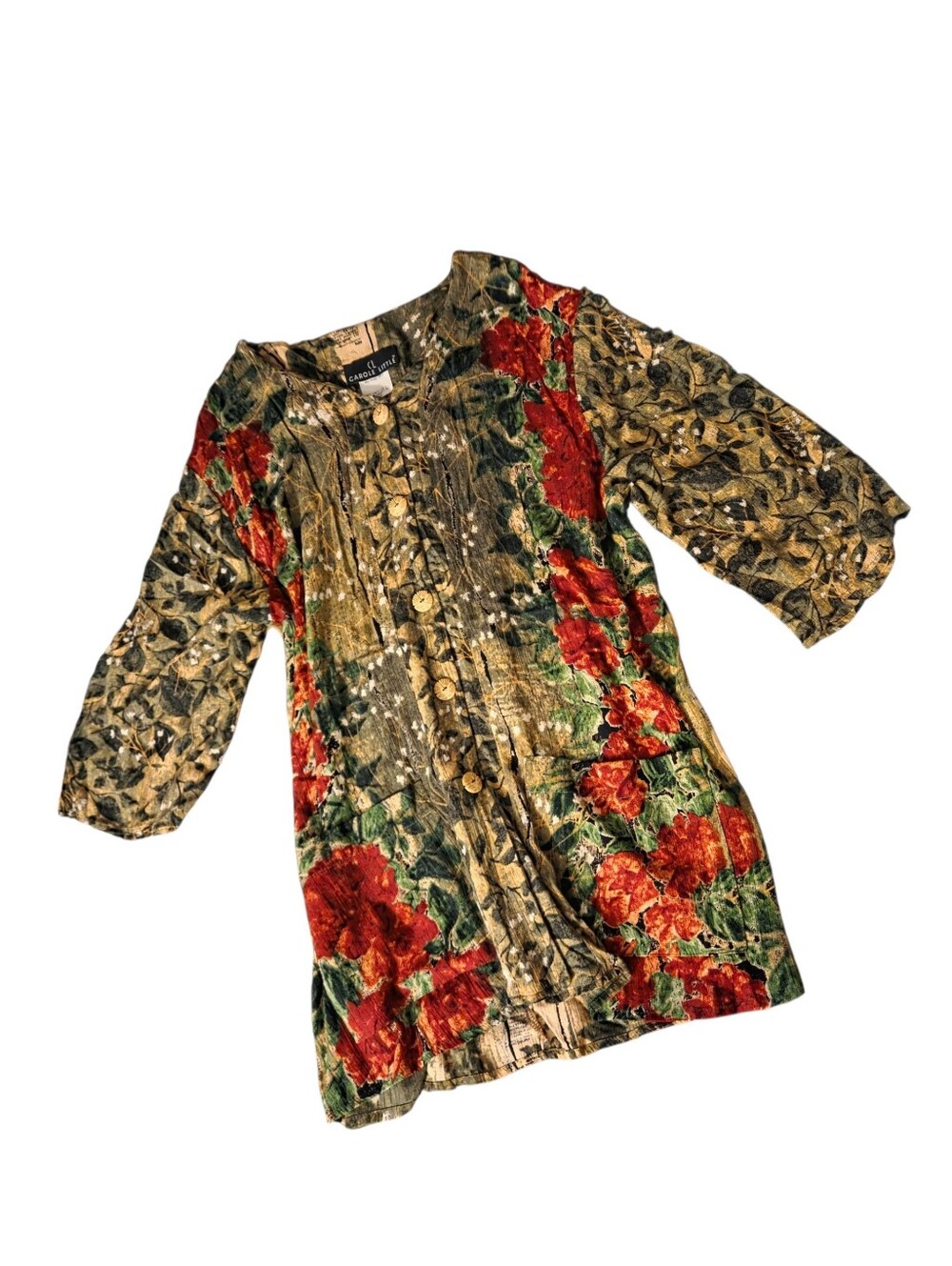 90s Floral Button-Front Tunic Shirt - Red & Green